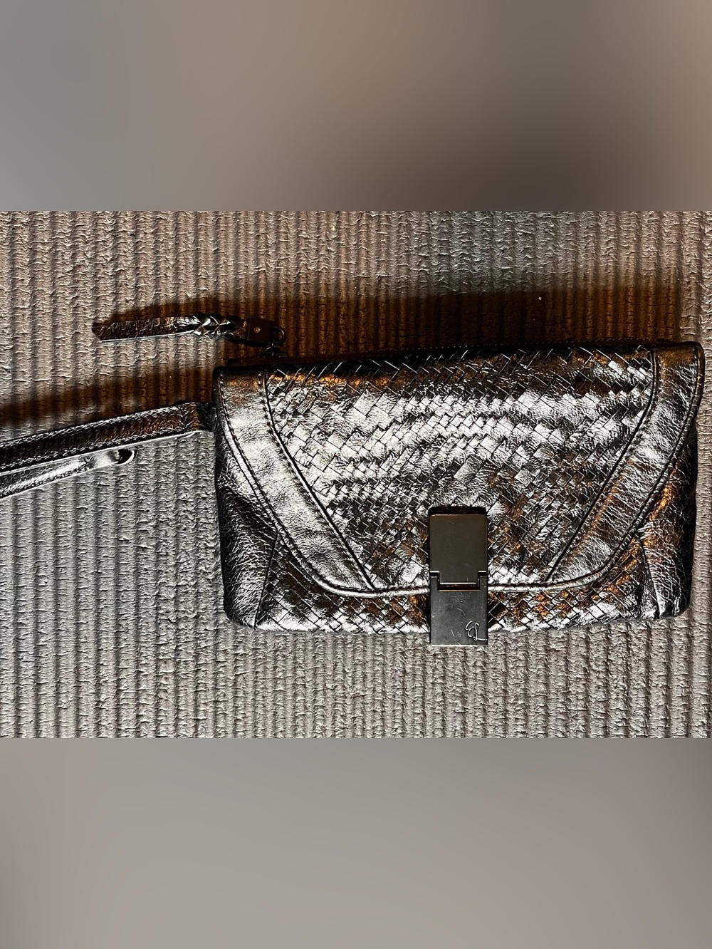 Elliott Lucca Metallic Silver Woven Wristlet Clutch